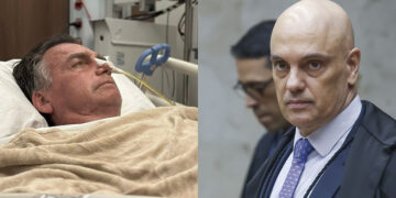 Ex-presidente Bolsonaro (PL) e o ministro Alexandre de Moraes (esq. p/ dir.)