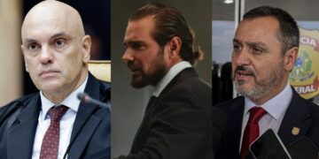 O ministro do STF, Alexandre de Moraes, Daniel Vorcaro e o Diretor-geral da PF, Andrei Rodrigues.