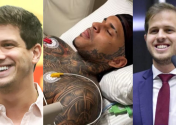 O ex-prefeito do Recife, João Campos, o cantor Anderson Neiff,  e o deputado federal Pedro Campos