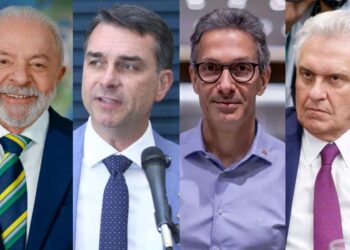 Lula, Flávio Bolsonaro, Romeu Zema e Ronaldo Caiado (da esq. p/ dir.)