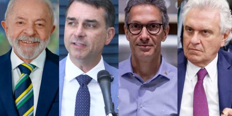 Lula, Flávio Bolsonaro, Romeu Zema e Ronaldo Caiado (da esq. p/ dir.)