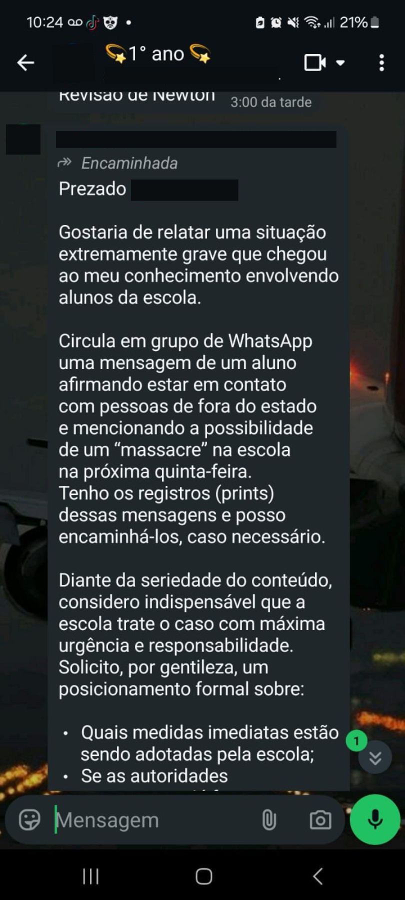 Mensagens expõe medo dos alunos por suposto plano