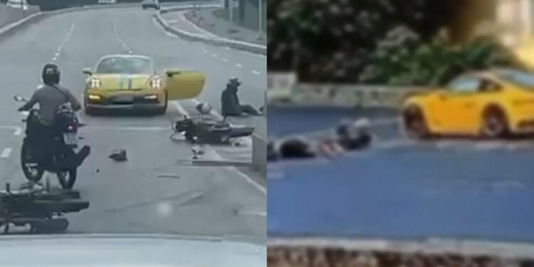 Nas cenas, o veículo de luxo aparece girando na pista antes de atingir motociclistas
