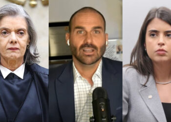 Ministra Cármen Lúcia, ex-deputado Eduardo Bolsonaro (PL-SP) e a deputada Tabata Amaral (esq. p/ dir.)