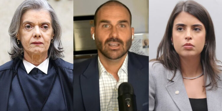 Ministra Cármen Lúcia, ex-deputado Eduardo Bolsonaro (PL-SP) e a deputada Tabata Amaral (esq. p/ dir.)