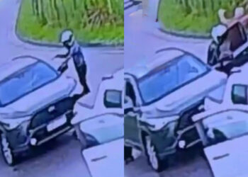 O vídeo mostra o momento em que os assaltantes abordam o motorista e levam o veículo