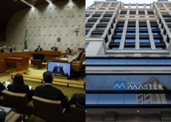Sessão plenária do STF; e fachada da sede do Banco Master. Foto: Reprodução.