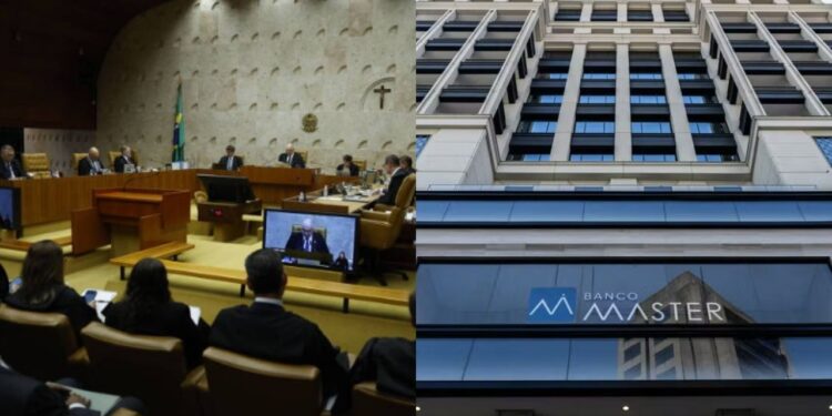 Sessão plenária do STF; e fachada da sede do Banco Master. Foto: Reprodução.