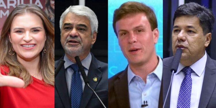 Os pré-candidatos ao senado, Marília Arraes (PDT), Humberto Costa (PT), Miguel Coelho (União) e Mendonça Filho (PL).