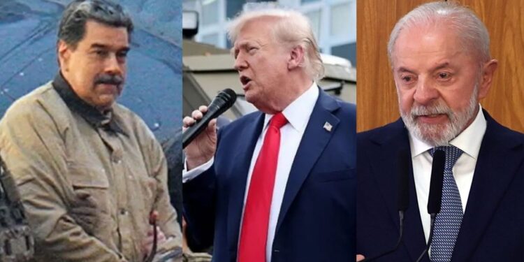 O ex-presidente da Venezuela, Nicolás Maduro, e os presidentes Donald Trump (EUA) e Lula (BRA)