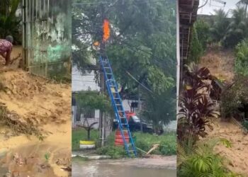 A tempestade causou alagamento e um poste pegou fogo no local.