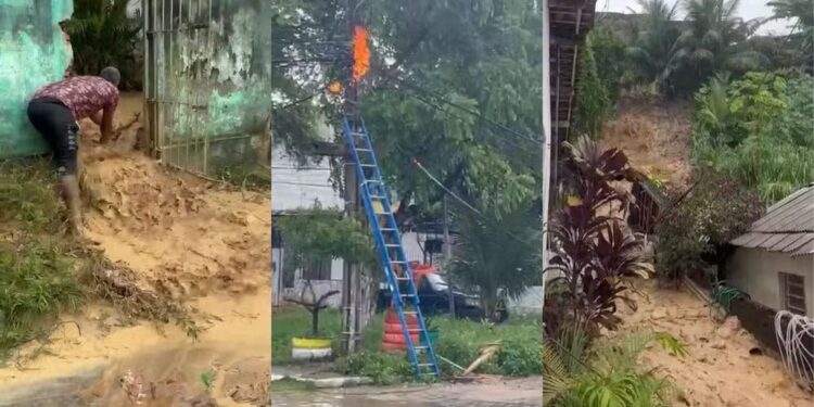 A tempestade causou alagamento e um poste pegou fogo no local.