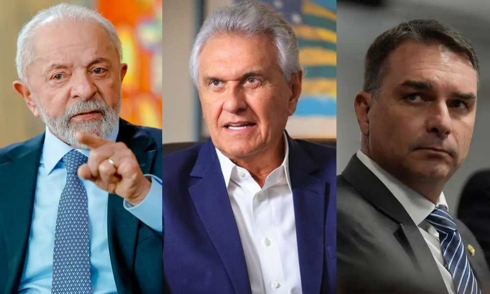 Os candidatos Lula, Ronaldo Caiado e Flávio Bolsonaro