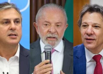 Camilo Santana (esq) o presidente Lula (centro) e Fernando Haddad (dir)