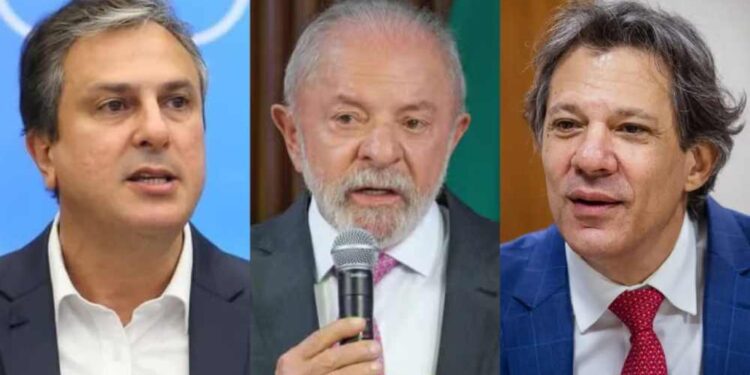 Camilo Santana (esq) o presidente Lula (centro) e Fernando Haddad (dir)