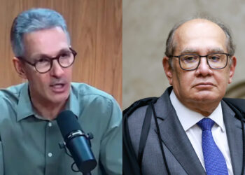 O pré-candidato à Presidência da República Romeu Zema (Novo) e o ministro Gilmar Mendes (esq. p/ dir.)