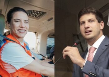 A governadora Raquel Lyra (PSD) e o ex-prefeito João Campos (PSB) (esq. p/ dir.)