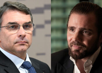 Pré-candidato a presidente Flávio Bolsonaro e o banqueiro Daniel Vorcaro (esq. p/ dir.)