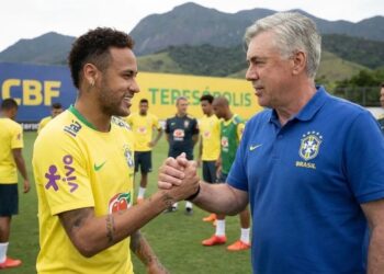 Neyma e o técnico Carlo Ancelotti em foto feita por IA