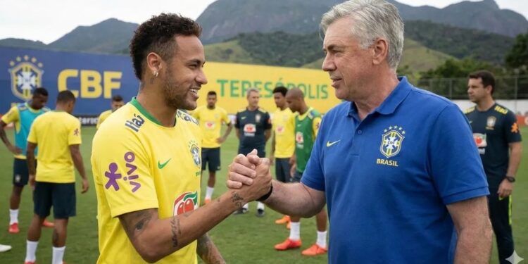 Neyma e o técnico Carlo Ancelotti em foto feita por IA
