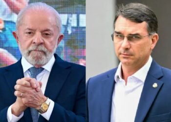 Os pré-candidatos à presedência da República, Lula (PT) e Flávio Bolsonaro (PL).