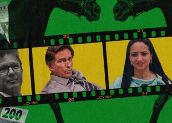 O dep. federal, Mário Frias (PL), o ator Jim Caviezel; e a dona da Go Up, Karina Ferreira da Gama. Arte: Intercept