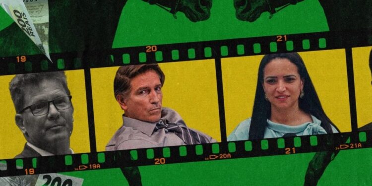 O dep. federal, Mário Frias (PL), o ator Jim Caviezel; e a dona da Go Up, Karina Ferreira da Gama. Arte: Intercept