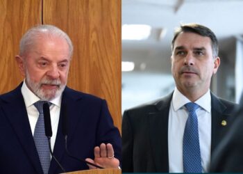 Os pré-candidatos à presidência da República, Lula (PT) e Flávio Bolsonaro (PL).