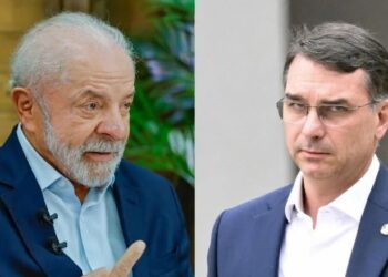 O presidente Lula (PT) e o Senador Flávio Bolsonaro (PL)