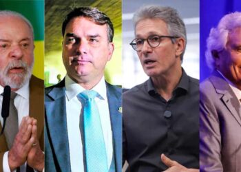 Lula, Flávio Bolsonaro, Romeu Zema e Ronaldo Caiado [da esq. p/ dir.]