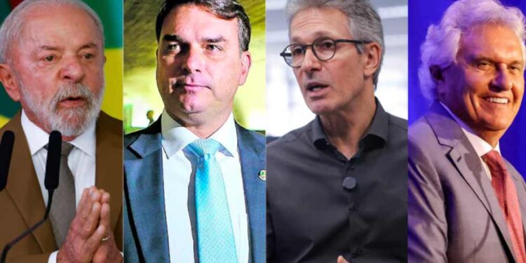 Lula, Flávio Bolsonaro, Romeu Zema e Ronaldo Caiado [da esq. p/ dir.]