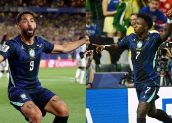 Matheus Cunha e Vini Jr em comemoração de um dos gols da seleção sobre o Haiti