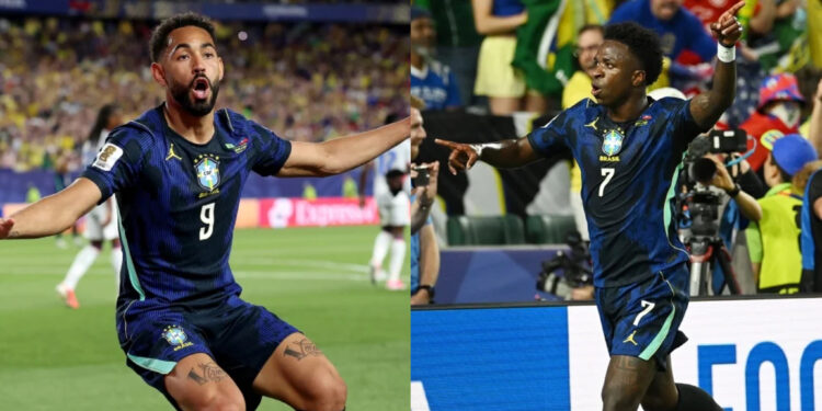 Matheus Cunha e Vini Jr em comemoração de um dos gols da seleção sobre o Haiti