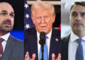 Eduardo Bolsonaro, Donald Trump e Flávio Bolsonaro (esq. p/ dir.)