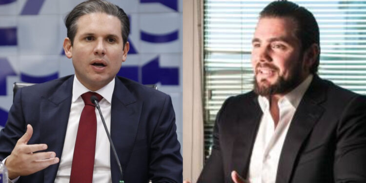 O Presidente da Câmara, Hugo Motta e o banqueiro Daniel Vorcaro (esq. p/ dir.)