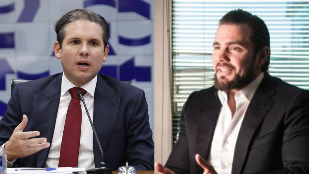 O Presidente da Câmara, Hugo Motta e o banqueiro Daniel Vorcaro (esq. p/ dir.)