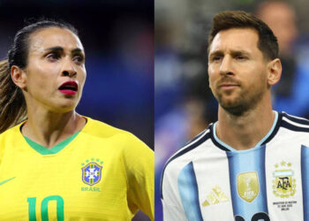 A jogadora Marta e o jogador Lionel Messi