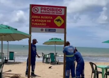 Placa sobre proibição de banho na Praia de Piedade, em Jaboatão. Foto: Reprodução