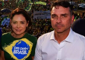 Michelle e Flávio Bolsonaro durante manifestação bolsonarista na Esplanada. Foto: Wilton Junior/Estadão