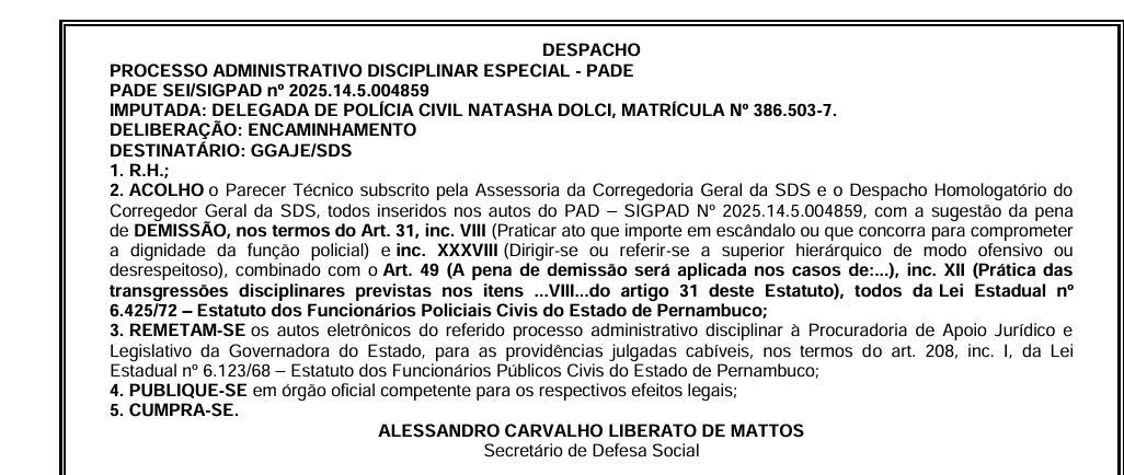 Trecho do documento com recomendação de demissão