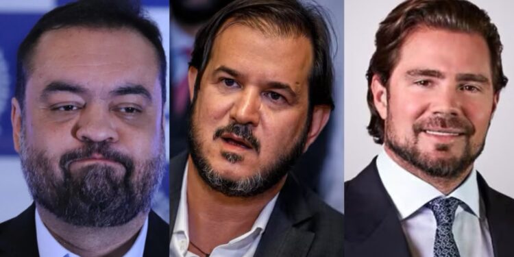 O ex-governador Cláudio Castro, o presidente do União Brasil, Antônio Rueda e o ex-banqueiro Daniel Vorcaro