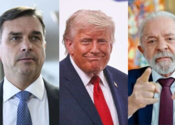 Flávio Bolsonaro (PL), o presidente Donald Trump e Lula (PT)