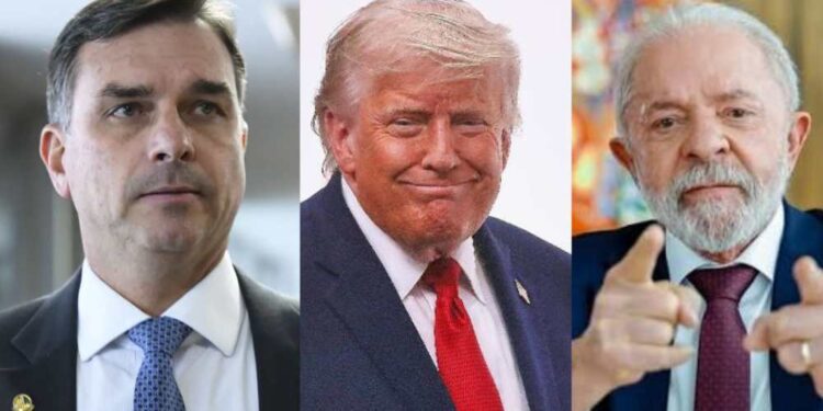 Flávio Bolsonaro (PL), o presidente Donald Trump e Lula (PT)
