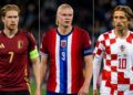 De Bruyne (Bélgica); Haaland (Noruega); e Modric (Croacia).