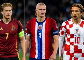 De Bruyne (Bélgica); Haaland (Noruega); e Modric (Croacia).