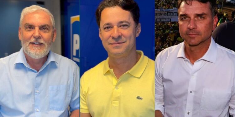 O vereador de Caruaru, Silvio Nascimento (PL); o presidente do PL-PE, Anderson Ferreira; e o senador, Flávio Bolsonaro (PL-RJ).