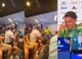 Marcelo Courrege discute com outro jornalista; e Brahim Díaz, da seleção de Marrocos, ri da situação. Foto: Reprodução.