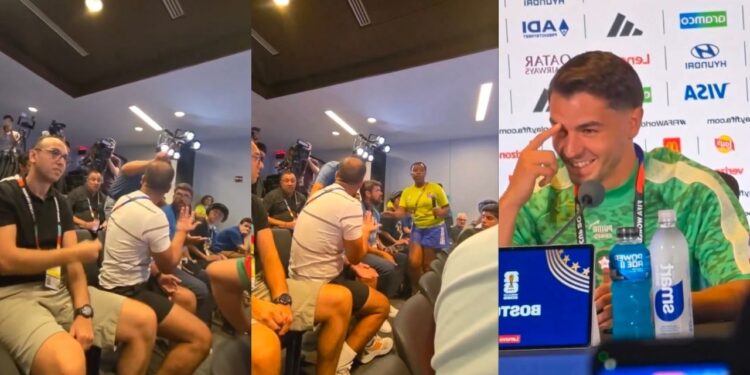 Marcelo Courrege discute com outro jornalista; e Brahim Díaz, da seleção de Marrocos, ri da situação. Foto: Reprodução.