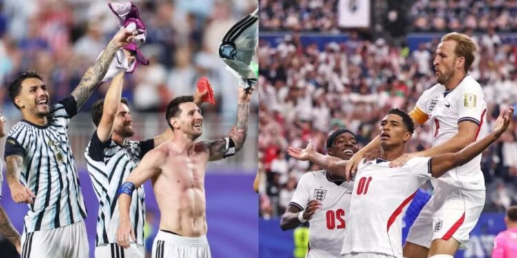 Lionel Messi e companhia terão Kane e Bellingham pela frente na próxima quarta (15). Foto: Carl Recine/Getty Images/AFP; e Divulgação/The FA