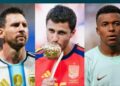 Os jogadores Lionel Messi, Rodri e Kylian Mbappé